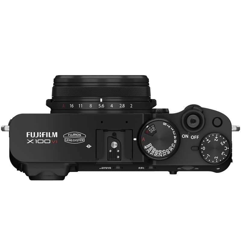 Fujifilm X100VI schwarz Kamera, Top-Ansicht mit Bedienelementen.