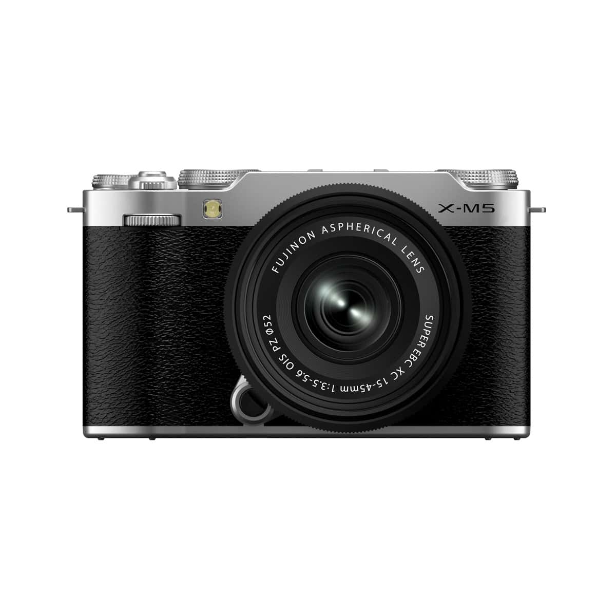 Fujifilm X-M5 mit XC 15-45mm Objektiv, silber, Nahaufnahme.