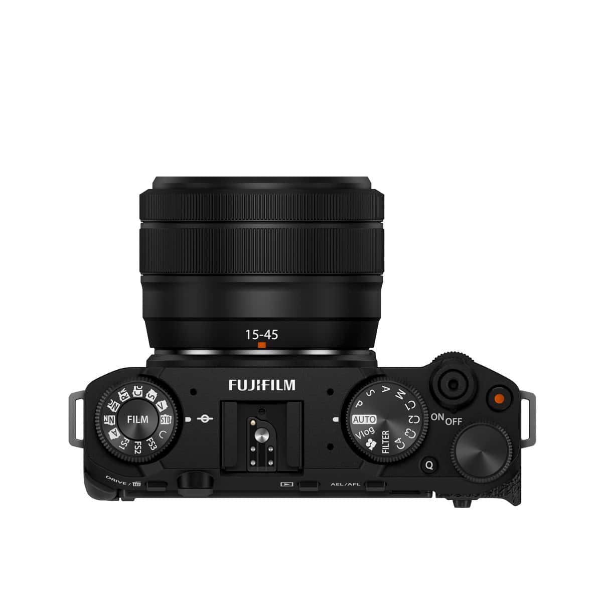 Fujifilm X-M5 Kamera mit 15-45mm Objektiv in Schwarz.