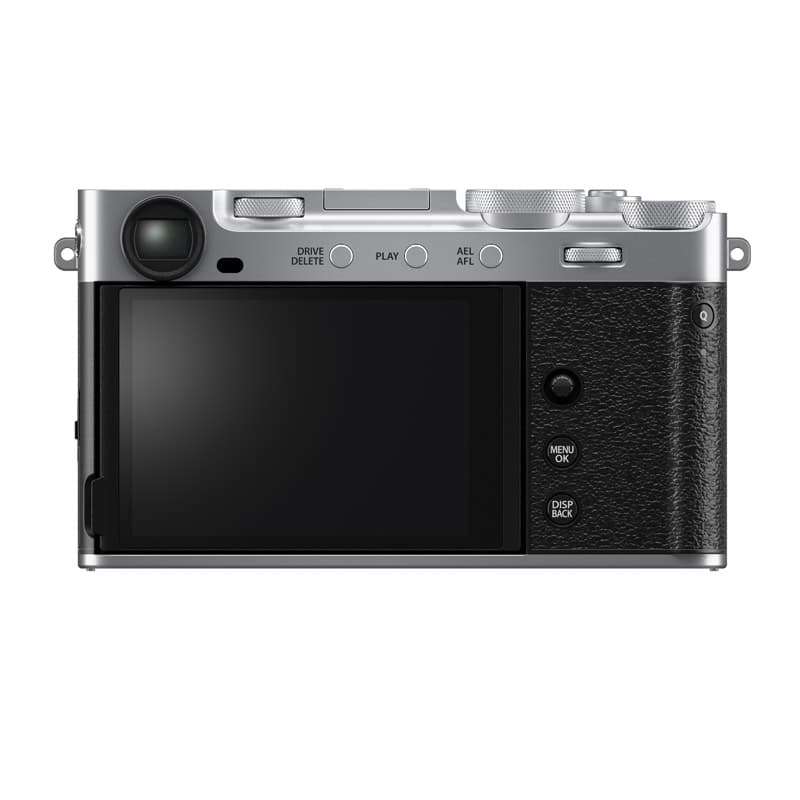Fujifilm X-E5 Kamera mit silbernem Gehäuse, Rückseite.